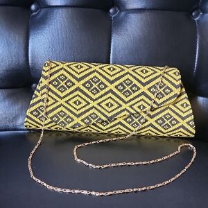 Yellow and Black Geometric Beaded Clutch Purse with Chain Strap